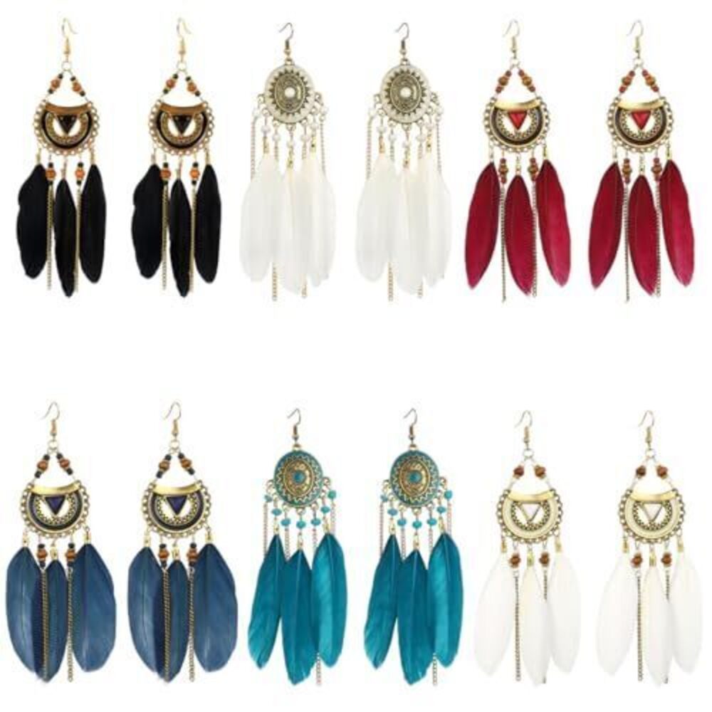 1242 6 Pairs Faux Feather Ethnic Style Earrings, Bohemian Fringe Tassel